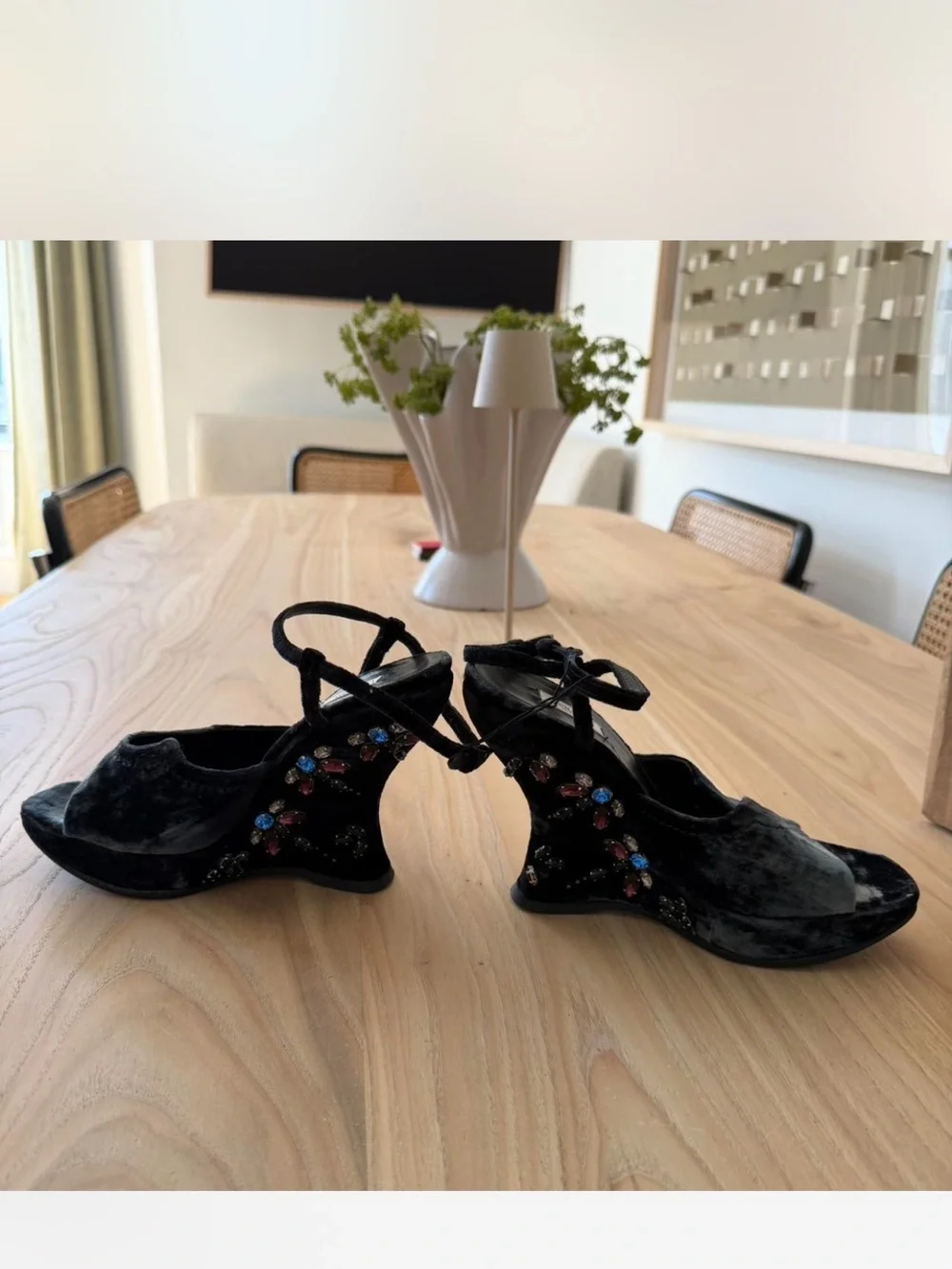 Prada Velvet Jeweled Wedge Heels